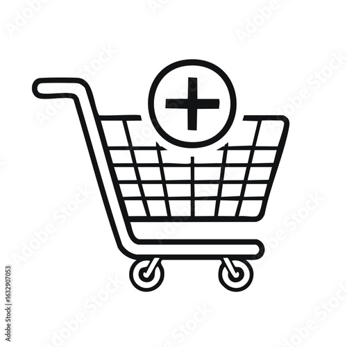 Shopping Cart with Plus Sign, Vector Illustration of Online Shopping Add Symbol
