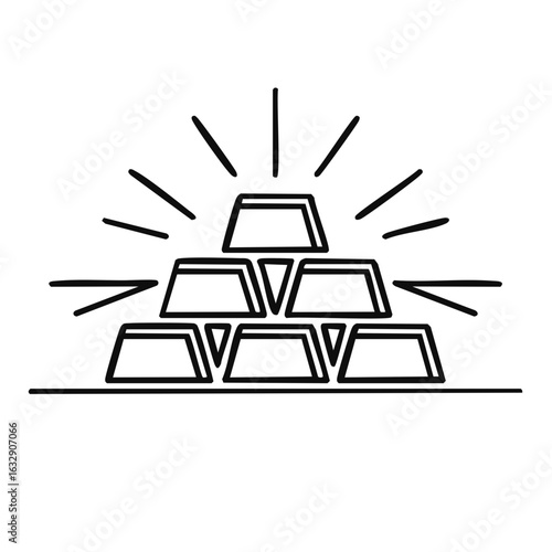 Stacked gold bullion bars radiating light, simple line art illustration symbolizing wealth and fortune