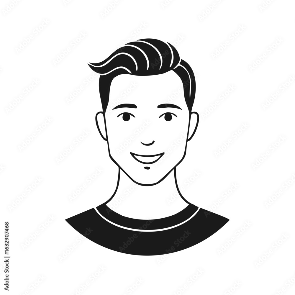 Smiling young adult man character vector illustration simple line art style cheerful happy male face portrait avatar Smiling young adult man character vector illustration simple line art style cheerful happy male face portrait avatar