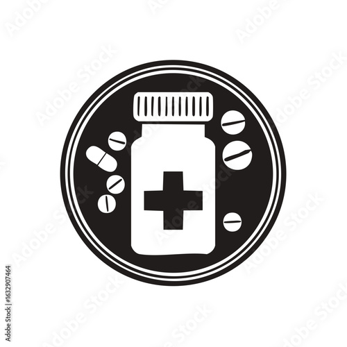 Pill bottle with cross symbol and scattered medication capsules tablets for health
