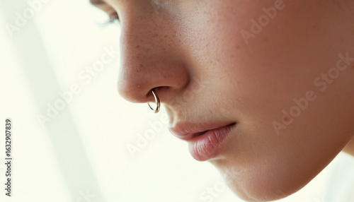 A close-up portrait shows a woman's face with a silver nose ring.