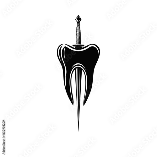 Tooth Intersected by Sword Black and White Graphic Design: Strength in Dental Health