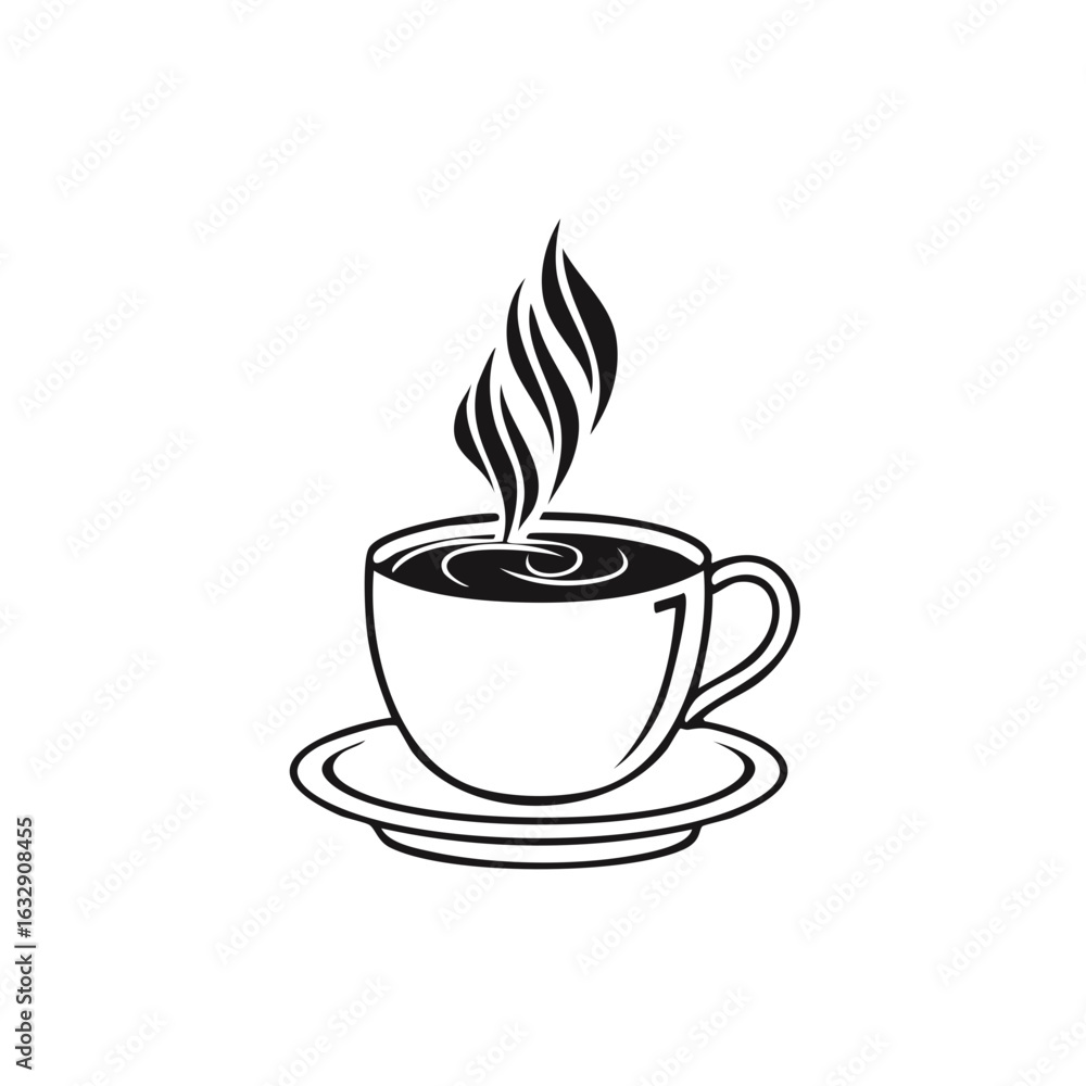 Obraz premium Steaming Hot Coffee Cup Served on a Saucer Black and White Vector Art Illustration Design