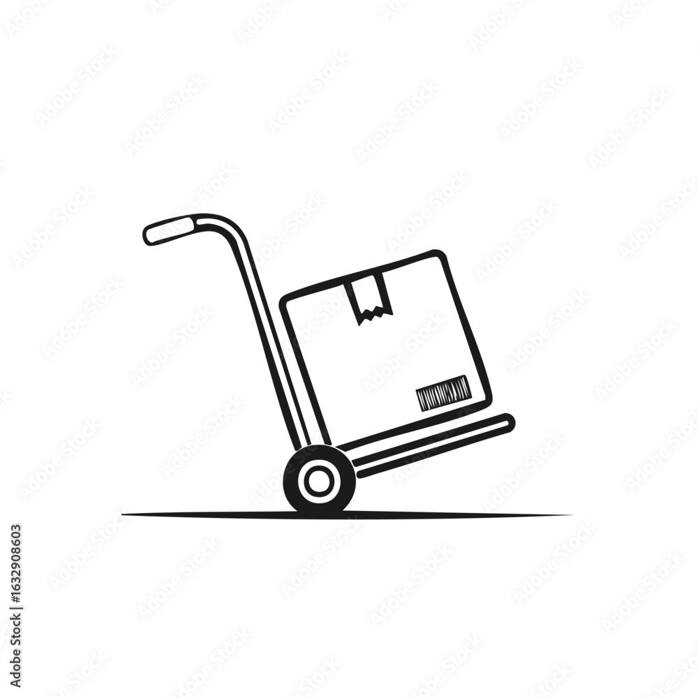 Dolly transporting a cardboard box with barcode for logistics and delivery Dolly transporting a cardboard box with barcode for logistics and delivery