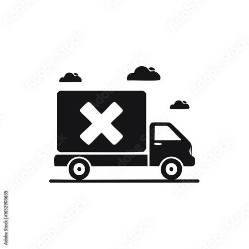 Black delivery truck with cross mark indicating failed shipment or unavailable service