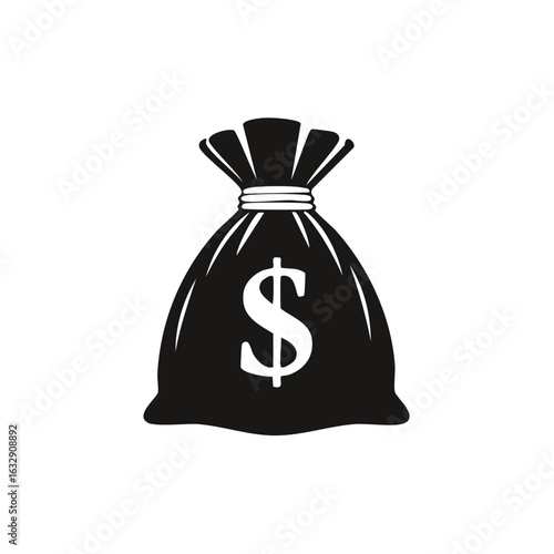 Black stylized money bag icon with a dollar sign inside a clean white background