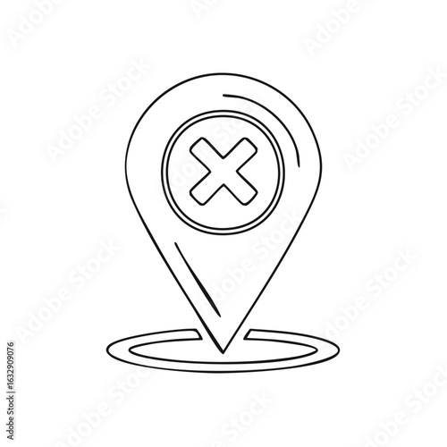 Location marker with a cross symbol inside a circle representing error or invalid destination