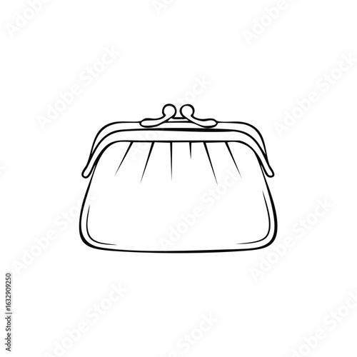 Coin purse illustration in black and white outline style with clasp closure for money