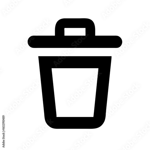 A simple black and white icon of a trash can with a lid and handle on top for waste disposal use