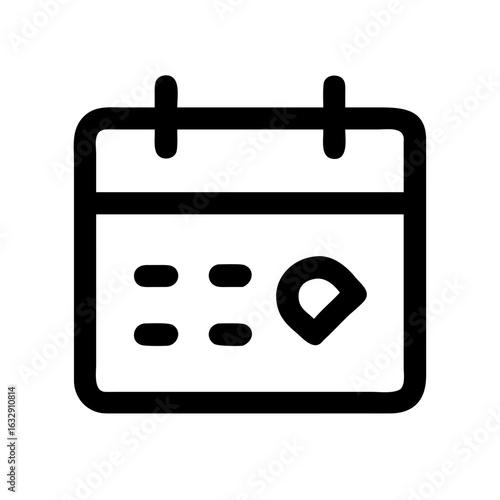 Black outline of a calendar icon with a tear off sheet and dots representing days on a white background