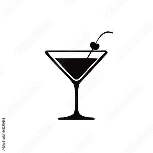 Minimalist black silhouette icon of a classic cocktail martini glass with a cherry garnish