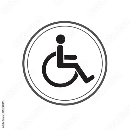 Simple iconic symbol of a person in a wheelchair inside a circle with outlines