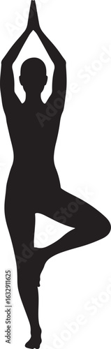 Black silhouette of person in yoga tree pose vrikshasana