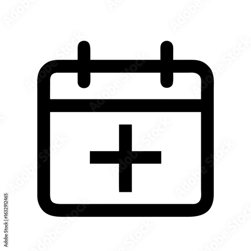 Black outlined calendar icon with a plus sign in the center representing schedule and appointments setup