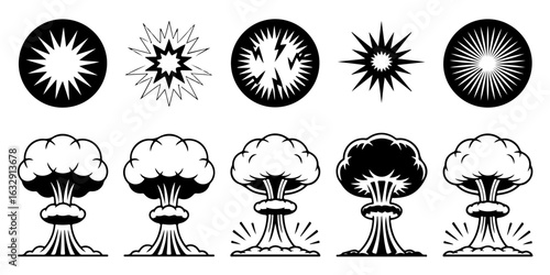 Monochrome set of nuclear explosions and bursts, graphic resource elements.
