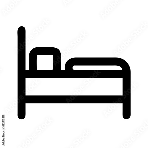 Illustration of a bed with a headboard and pillow in simple black outline style on a white background