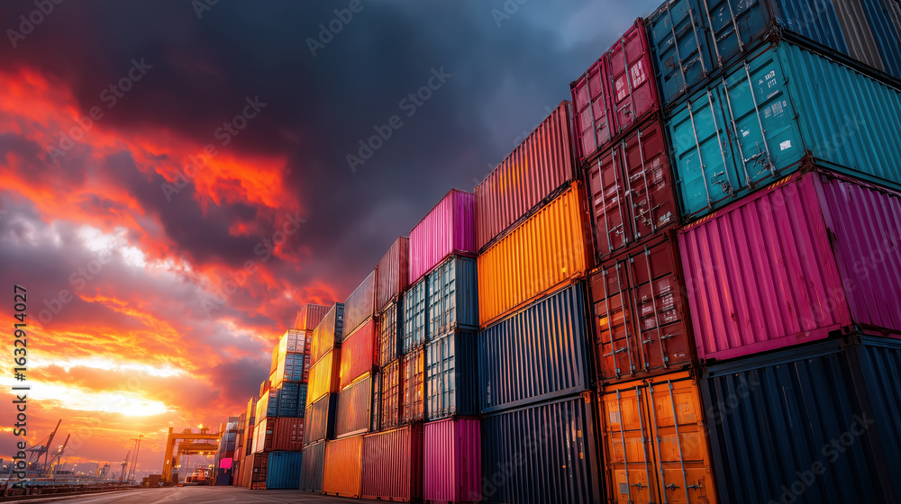 Fototapeta premium Colorful Shipping Containers Stacked Under Dramatic Sunset Sky at a Port Facility