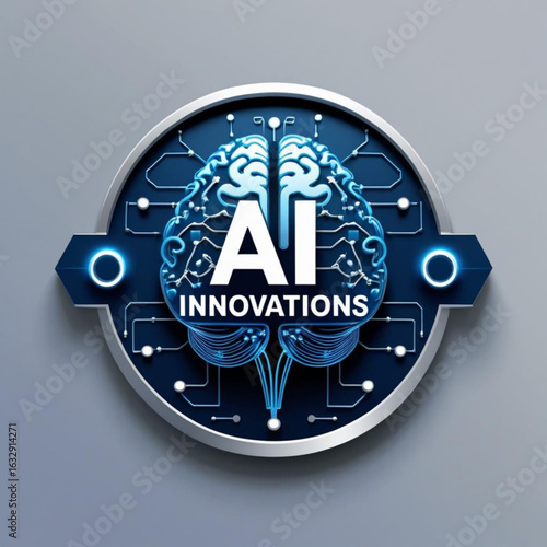 Illustration of a brain with circuits and the text ai innovations inside of a circular emblem design