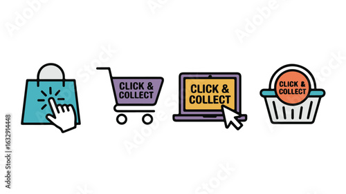 Colorful Click and Collect Icon Set Featuring Shopping Bag, Cart, Laptop, and Basket on White Background