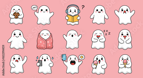 Cute cartoon ghost character icons in minimal hand-drawn style performing various activities like playing guitar, relaxing, sweeping leaves, farming, building a sandcastle, arranging sunflowers, weari