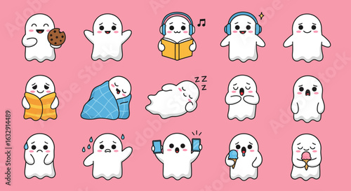 Cute cartoon ghost character icons in minimal hand-drawn style performing various activities like playing guitar, relaxing, sweeping leaves, farming, building a sandcastle, arranging sunflowers, weari
