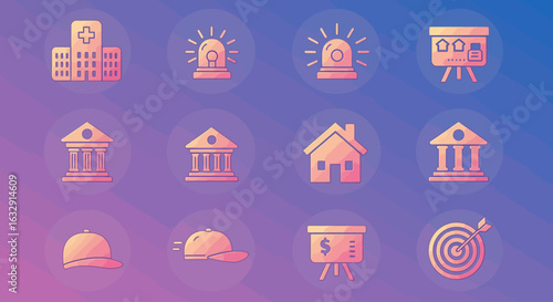Vector icon set featuring simplified monoline symbols enclosed in rounded square containers. Each icon is rendered in clean white lines with consistent stroke weight, placed over a smooth duotone grad