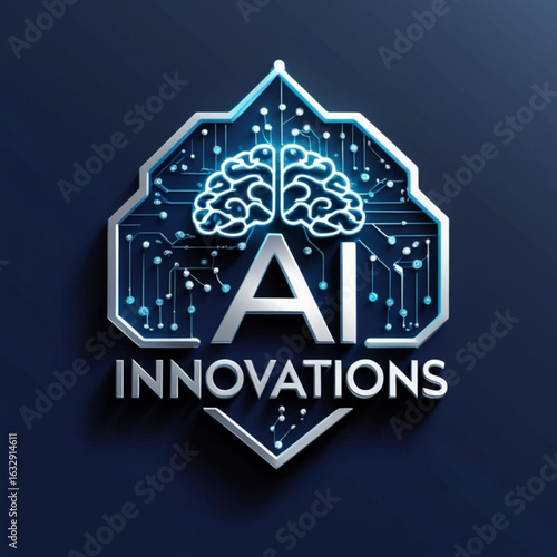 Illuminated brain icon with circuit connections above ai innovations text on a deep shaded setting image