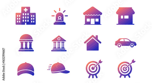 Vector icon set featuring simplified monoline symbols enclosed in rounded square containers. Each icon is rendered in clean white lines with consistent stroke weight, placed over a smooth duotone grad