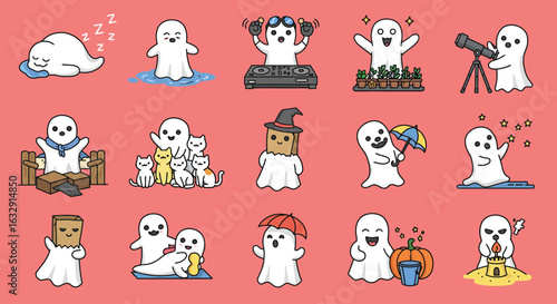 Cute cartoon ghost character icons in minimal hand-drawn style performing various activities like playing guitar, relaxing, sweeping leaves, farming, building a sandcastle, arranging sunflowers, weari