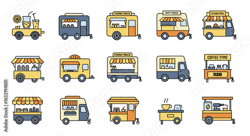 Colorful street food truck and food cart icons in hand-drawn minimal cartoon style, featuring various mobile stalls selling snacks, coffee, noodles, and drinks, with striped awnings and small wheels, 