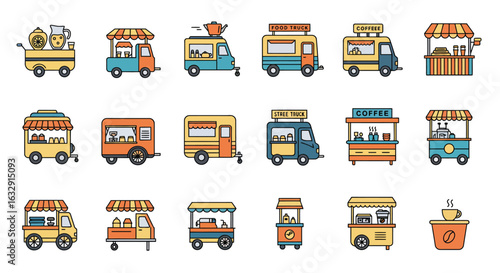 Colorful street food truck and food cart icons in hand-drawn minimal cartoon style, featuring various mobile stalls selling snacks, coffee, noodles, and drinks, with striped awnings and small wheels, 