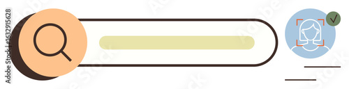 Search bar with magnifying glass icon and user profile image highlighted by verification icon. Ideal for identity check, account security, verification system, authentication, data entry, user