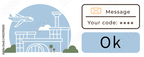 Airplane flying near an airport terminal, verification message with code and OK button. Ideal for travel, technology, security, communication, safety, authentication data privacy. Modern simple flat