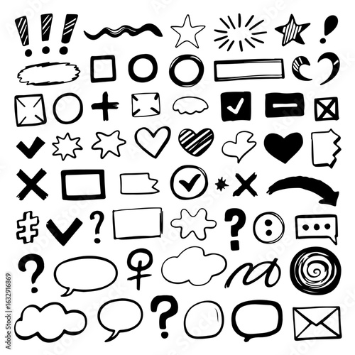 A diverse collection of hand-drawn doodle icons and symbols, featuring various shapes, expressions, and common graphic elements.