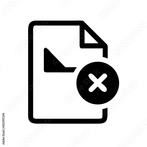 Black and white icon of a document with a folded corner and a black circle with an x on top right