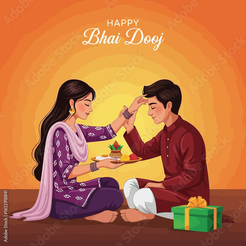 Vector art of happy bhai dooj festival celebration with sister applying tilak on brothers forehead and offering sweets, symbolizing love and bond, indian tradition and culture