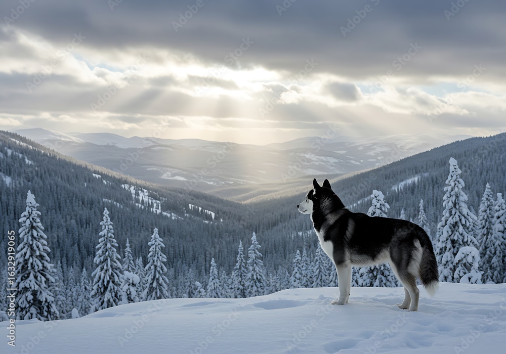 Naklejka premium Husky Dog Gazing at Winter Mountain Scenery. Generative Ai