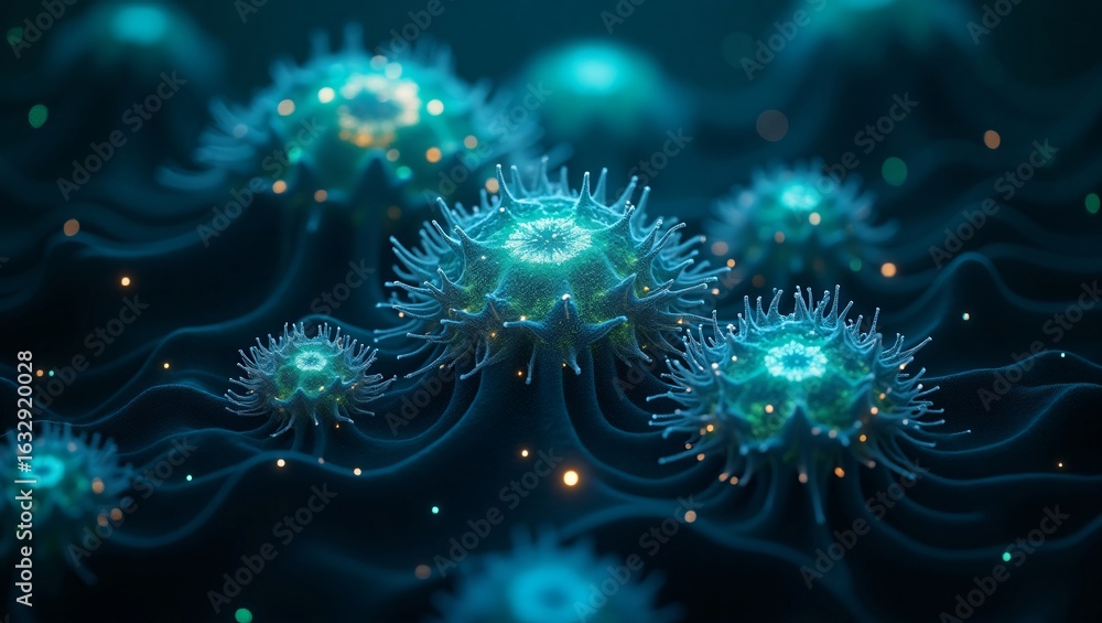 Fototapeta premium Bioluminescent neuron-like organisms glowing in a dark, abstract deep-sea environment.