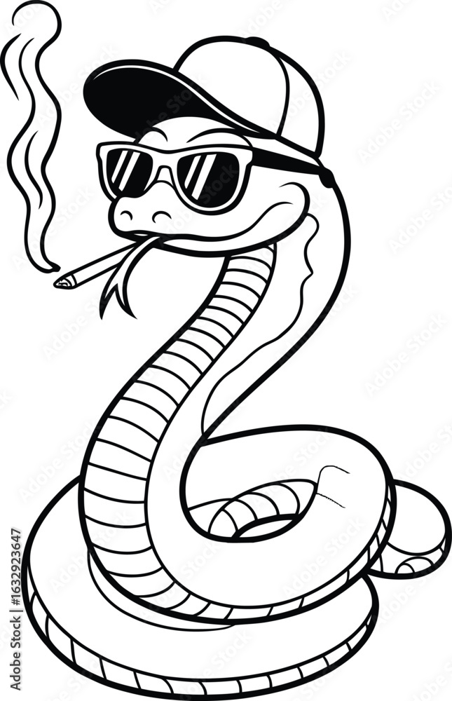 Fototapeta premium A cool cobra snake cartoon character wearing sunglasses and a cap, smoking. A black and white line art vector for a tattoo design.