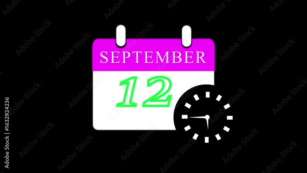 Calendar September Animation 12 September month calendar with time symbol. Simple calendar icon ...