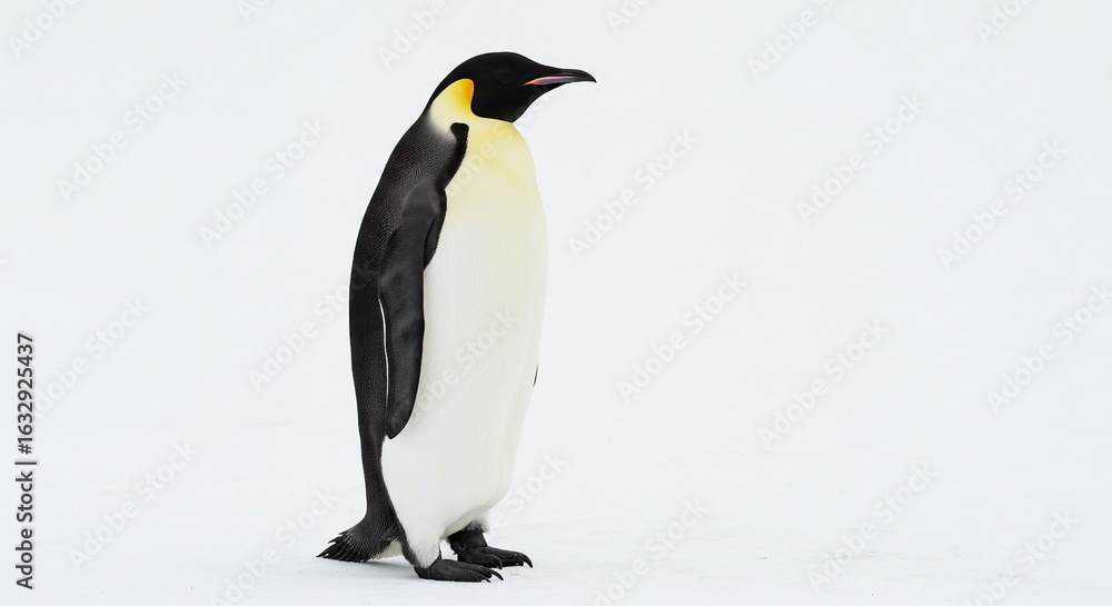 Obraz premium Emperor penguin standing tall with vivid coloring and sharp feather detail, isolated on white background.