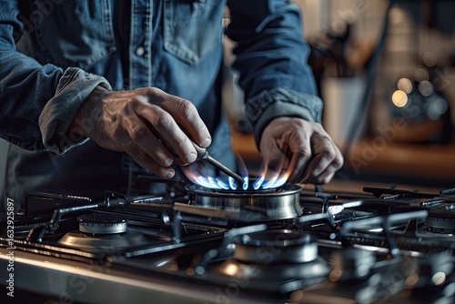 vibrant color visual of Man carefully installing a new gas stove in a kitchen setting.