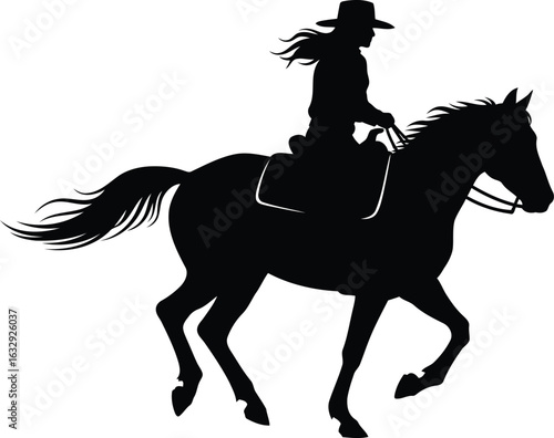 Vector art of silhouette of a cowgirl riding a horse isolated on white background