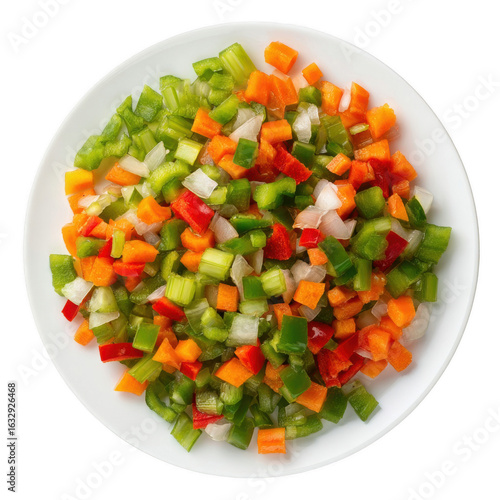 Colorful medley featuring diced vegetables including carrots, peppers and onions served on a plate on transparent background.
