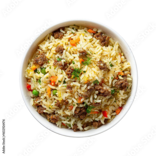 Exquisite top-down view of savory beef fried rice with colorful vegetables served in white bowl on transparent background