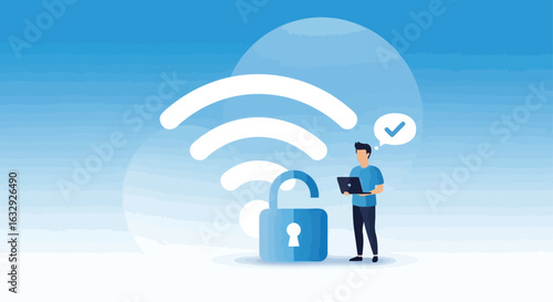 Vector art of man using secured wifi connection with padlock isolated on white background