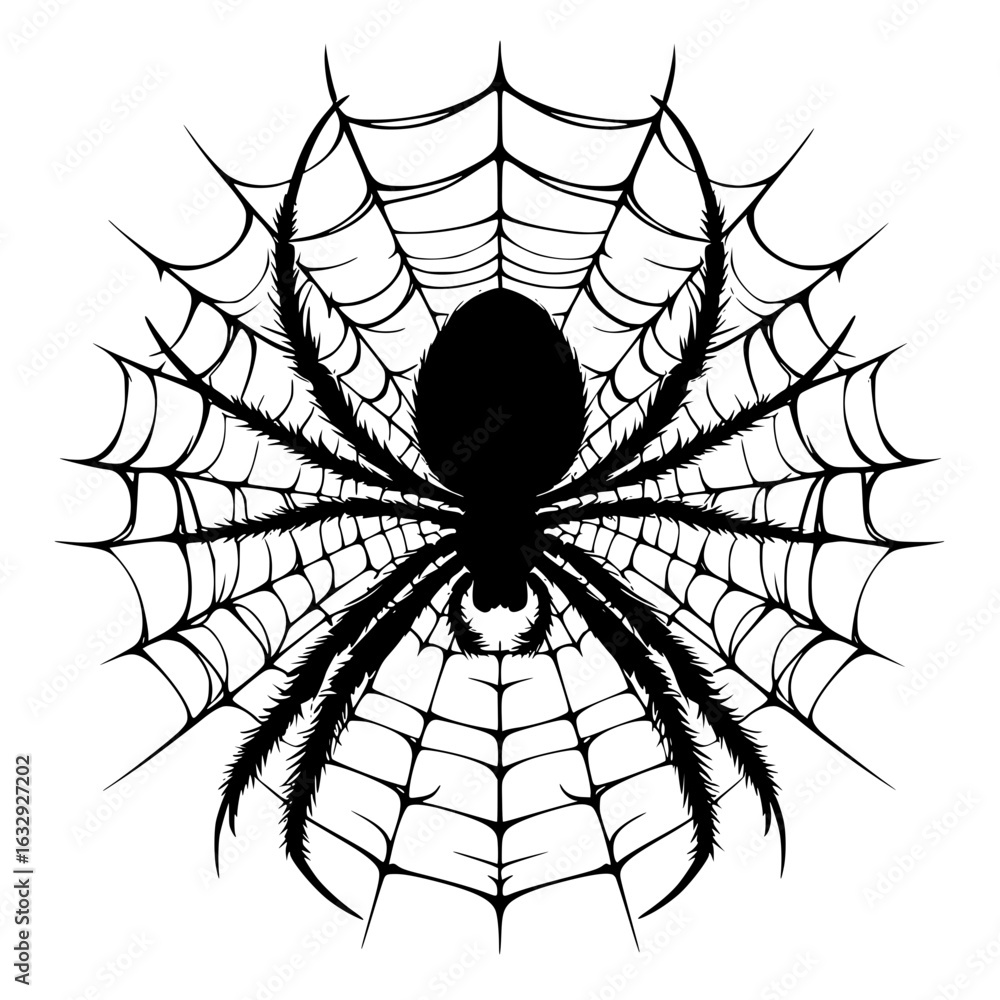 Fototapeta premium spider and web, Black spider illustration on white background