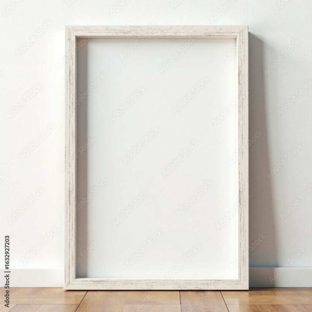 Fototapeta premium Whitewashed wood frame against white wall Simple, unadorned style , empty, frame
