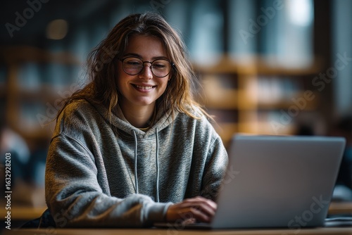 Smiling Young Woman Working on Laptop in Cozy Setting, Radiating Positivity and Productivity at Workplace.