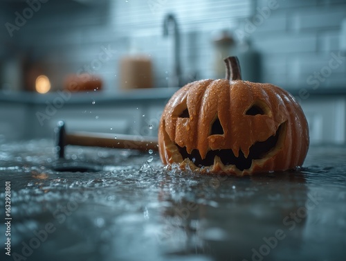 Halloween Horror: Exploding Pumpkin on Wet Countertop After Carving Session with Hammer Nearby in Kitchen